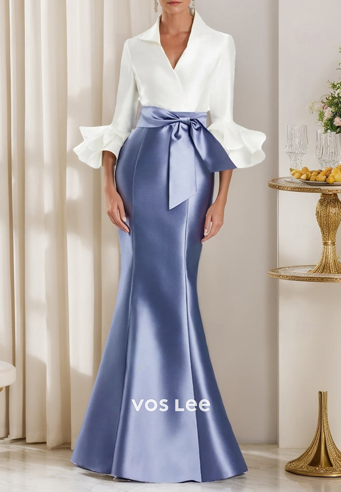 Chic & Modern V Neck Half Sleeve Trumpet Floor-Length Pleated Evening Dresses