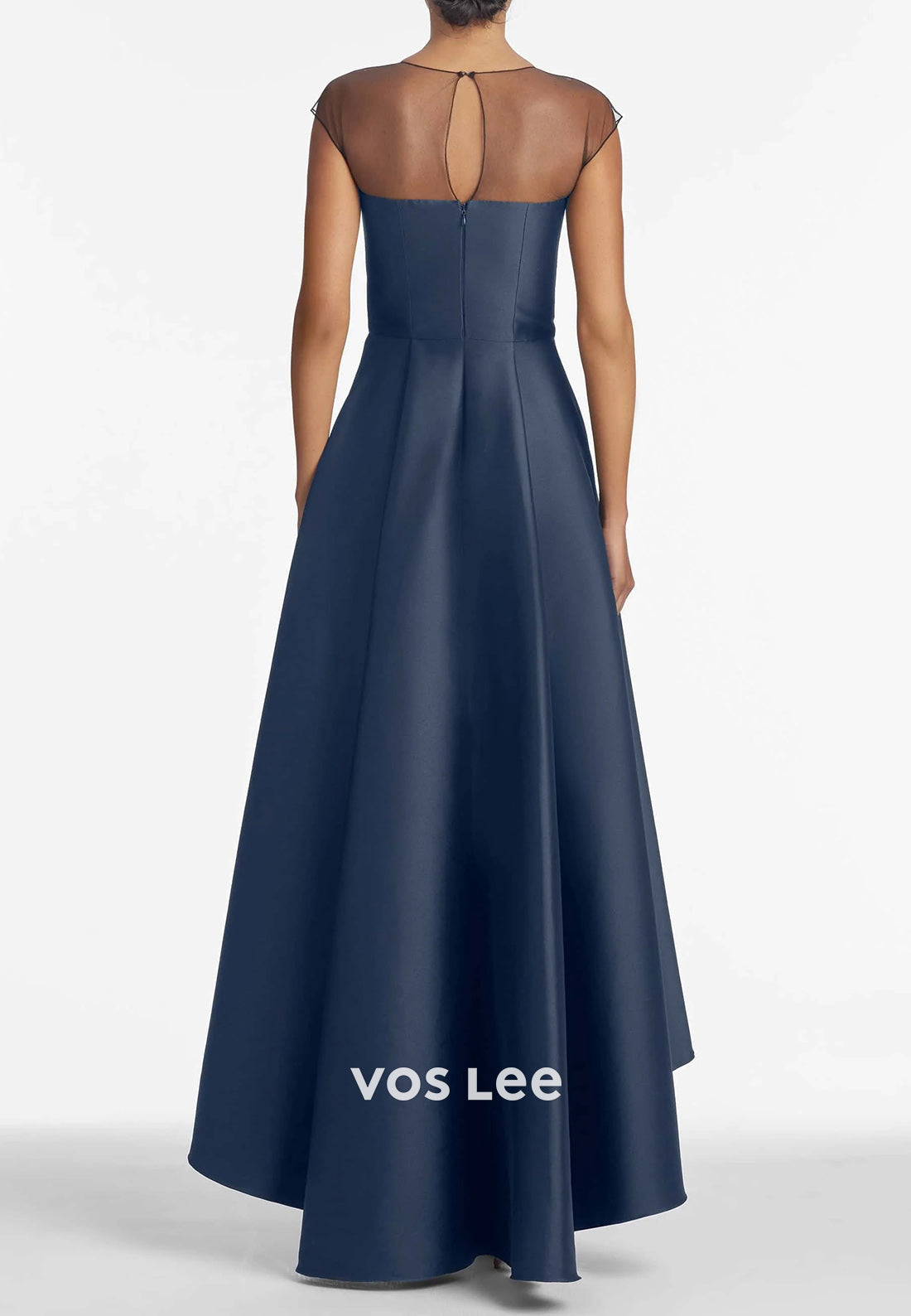 Simple & Classic High Low Illusion Neck Floral Embellished Pleated Mother of Bride Dresses