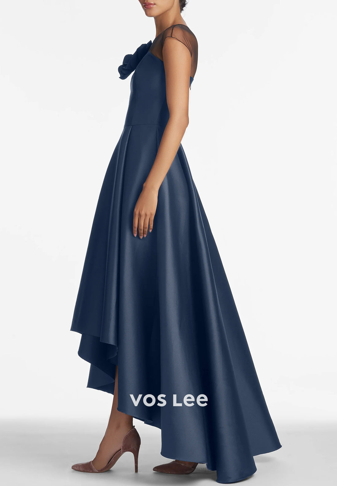 Simple & Classic High Low Illusion Neck Floral Embellished Pleated Mother of Bride Dresses