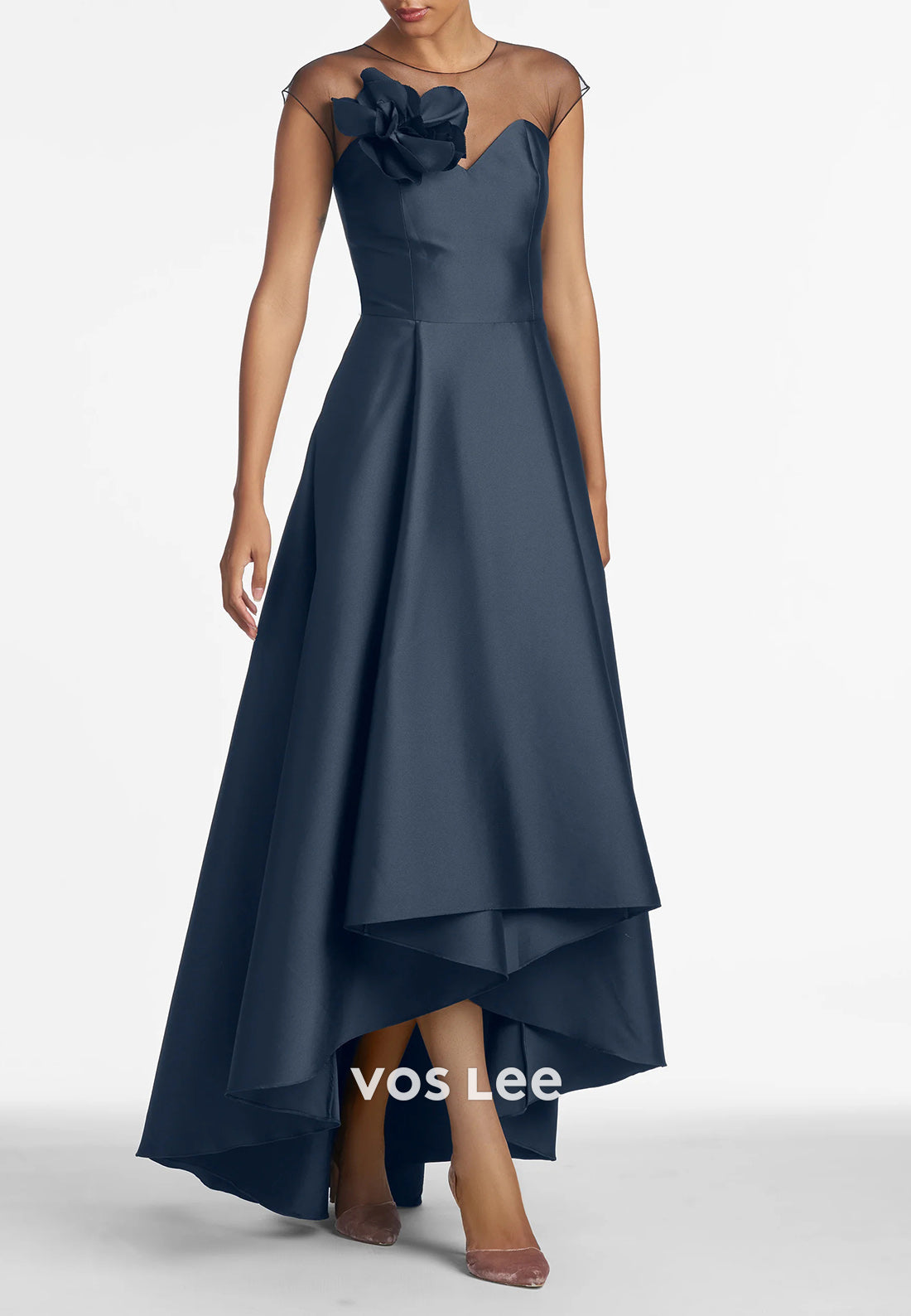 Simple & Classic High Low Illusion Neck Floral Embellished Pleated Mother of Bride Dresses