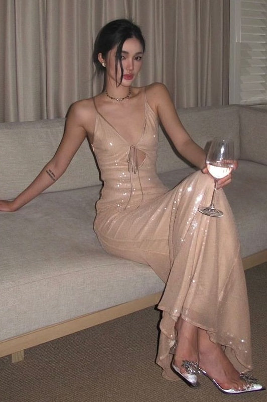 Sparkly Mermaid Spaghetti Straps Light Champagne Sequins Long Prom Dress