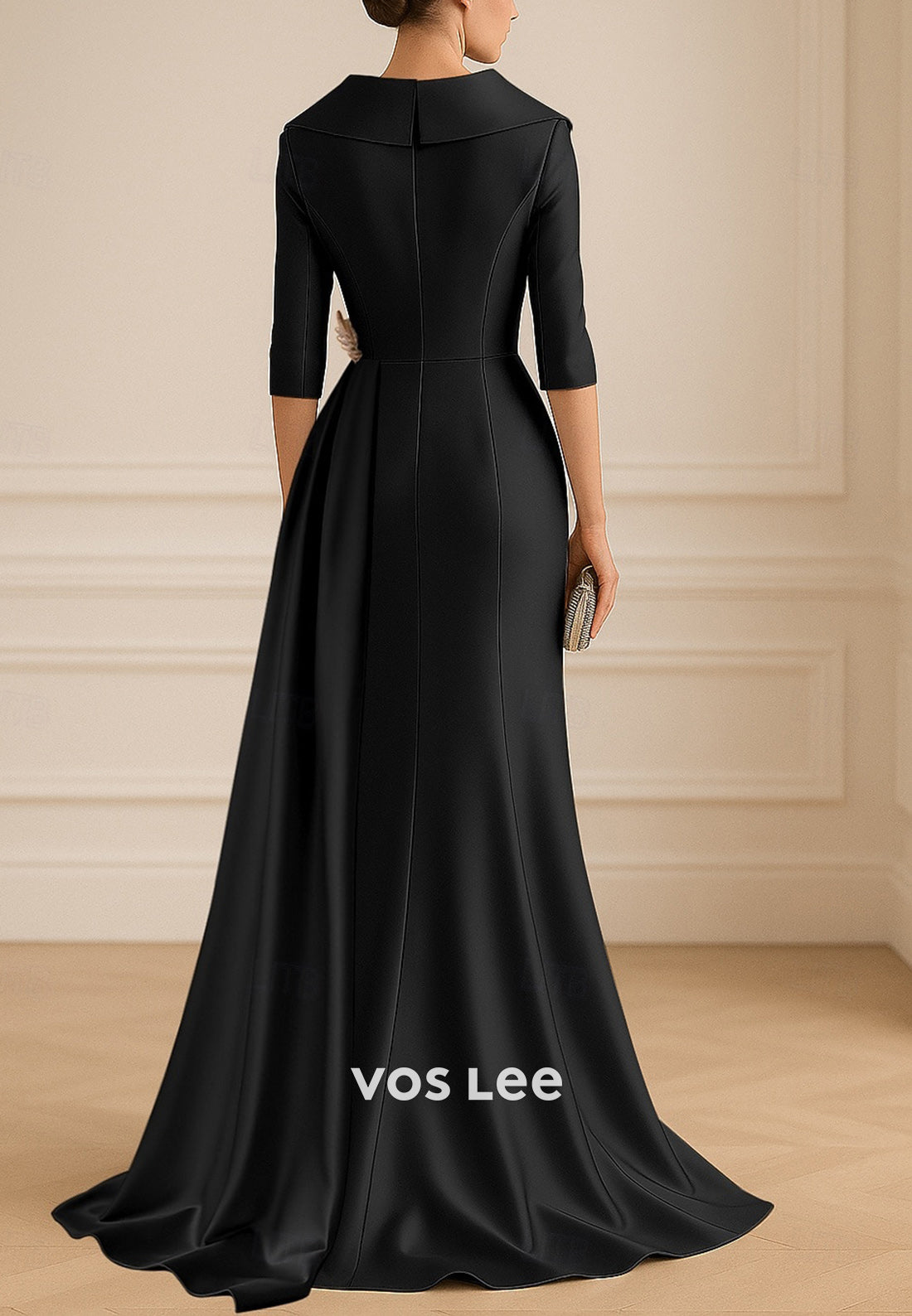 Half Sleeve V Neck Appliqued Satin Floor-Length Sheath Evening Dresses