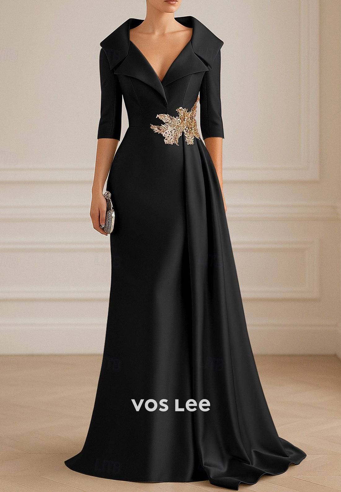 Half Sleeve V Neck Appliqued Satin Floor-Length Sheath Evening Dresses