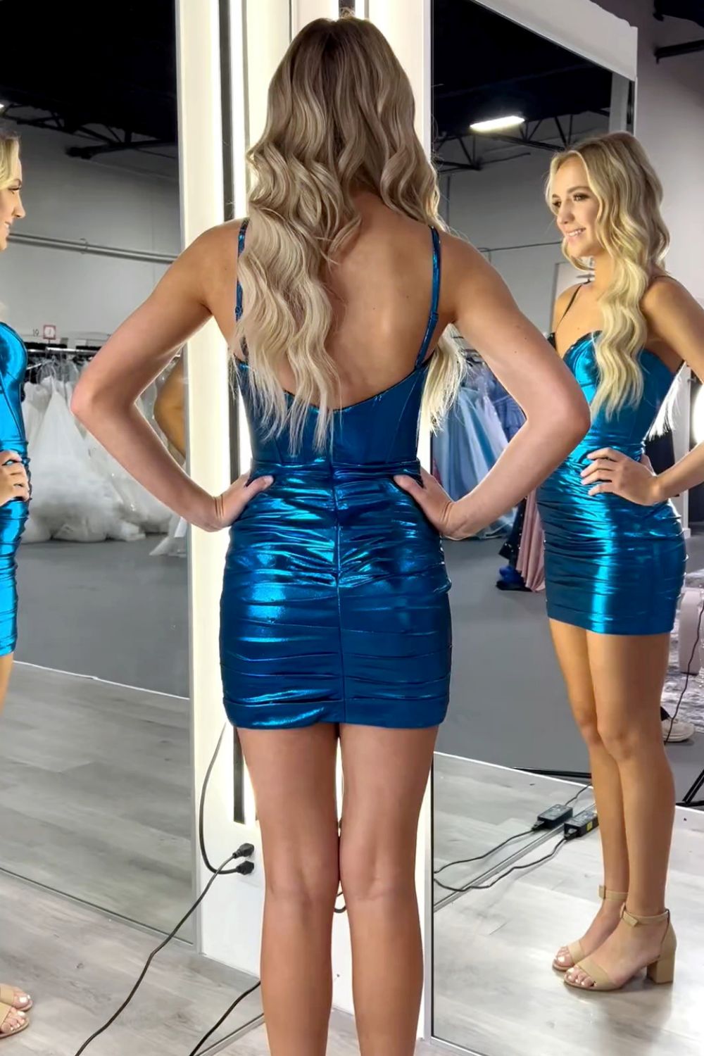 Blue Mermaid Spaghetti Straps Short Metallic Homecoming Dress with Pleating