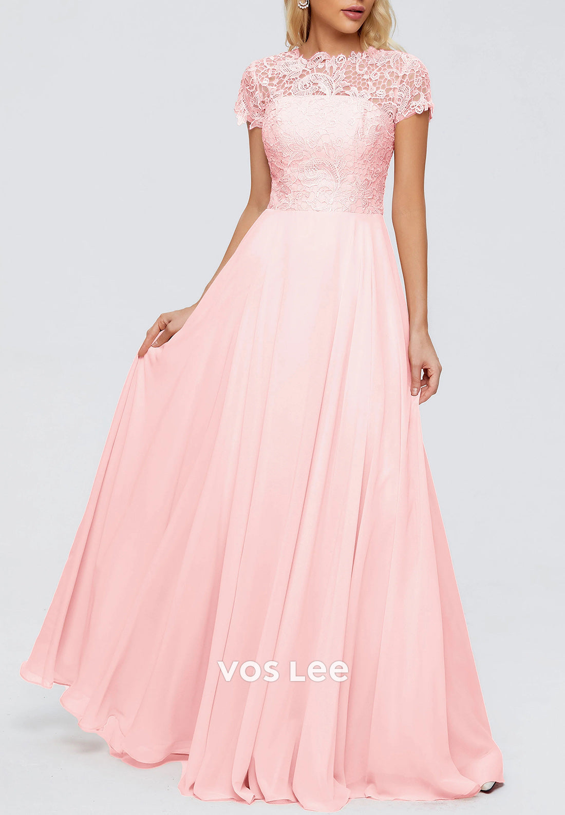 A-Line Short Sleeve Illusion Neck Appliqued Floor-Length Pleated Mother of Bride Dresses