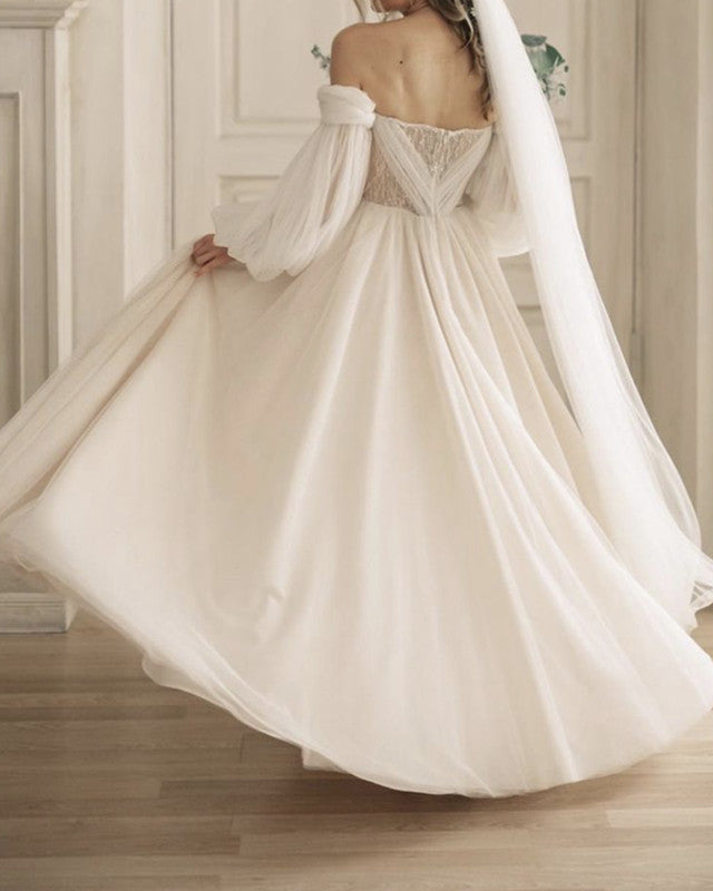 Tulle Boho Country Wedding Dress With Sleeves