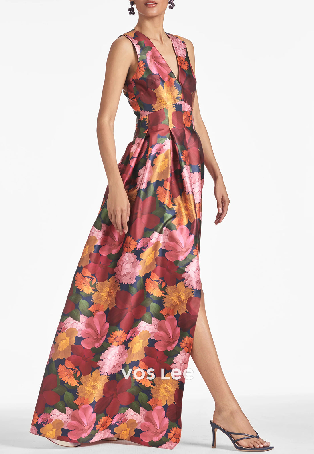 A-Line V Neck Pleated Floor-Length High Split Wedding Guest Dresses with Pockets