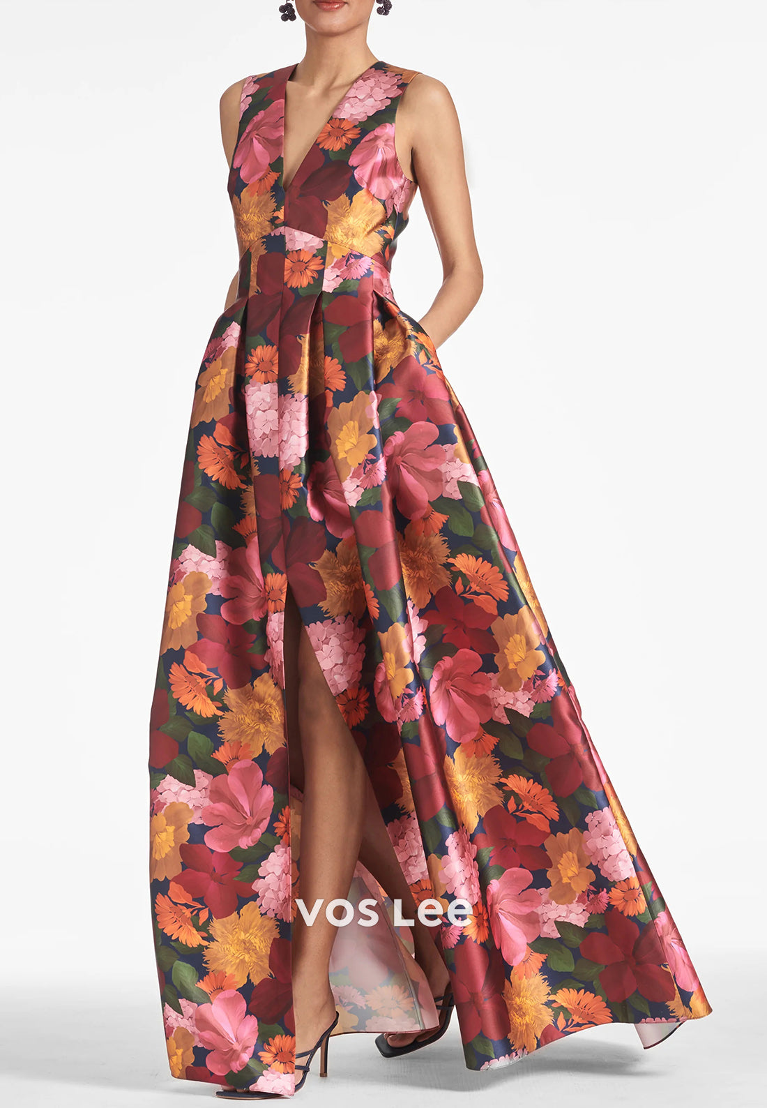 A-Line V Neck Pleated Floor-Length High Split Wedding Guest Dresses with Pockets
