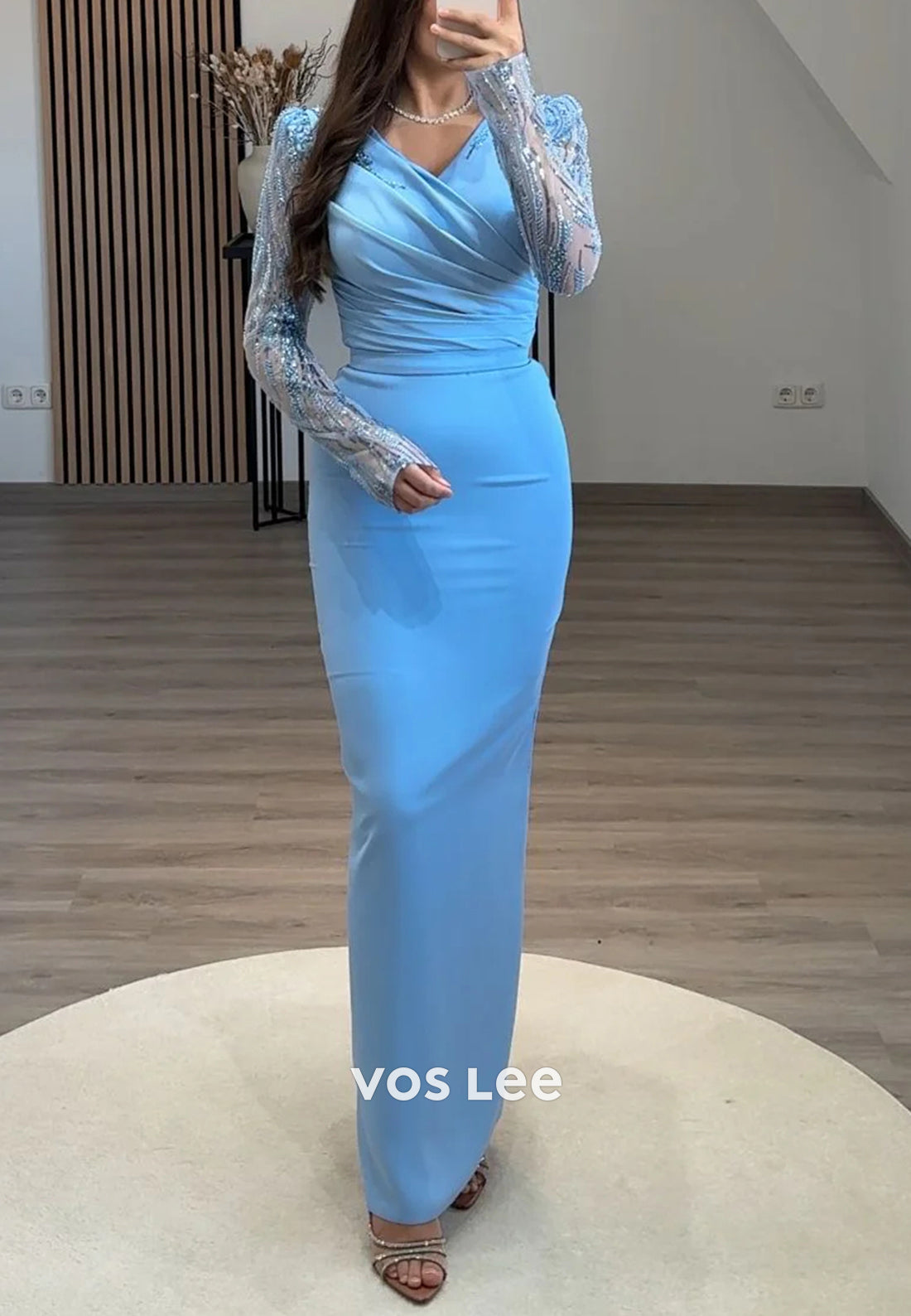 Long Sleeve V Neck Sequined Embellished Mermaid Ankle-Length Mermaid Evening Dresses