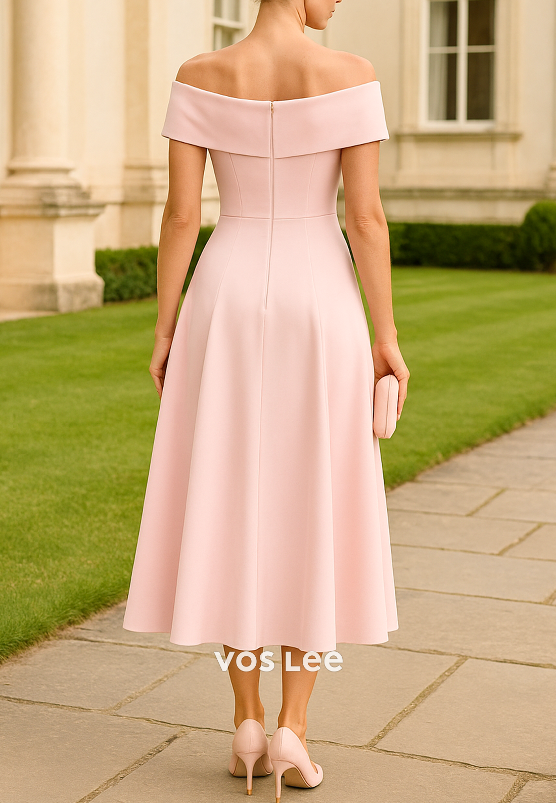 A-Line Off the Shoulder Floral Embroidered Tea-Length Mother of Bride Dresses
