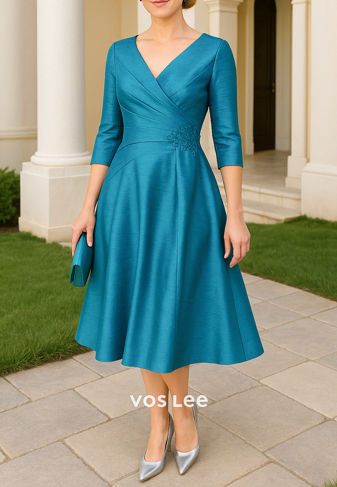 3/4 Sleeve V Neck Appliques Embellished Tea-Length Pleated Mother of Bride Dresses