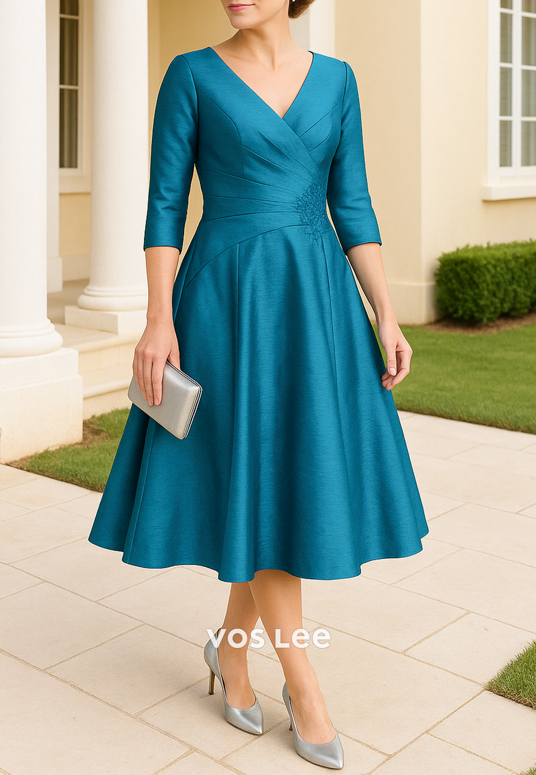 3/4 Sleeve V Neck Appliques Embellished Tea-Length Pleated Mother of Bride Dresses