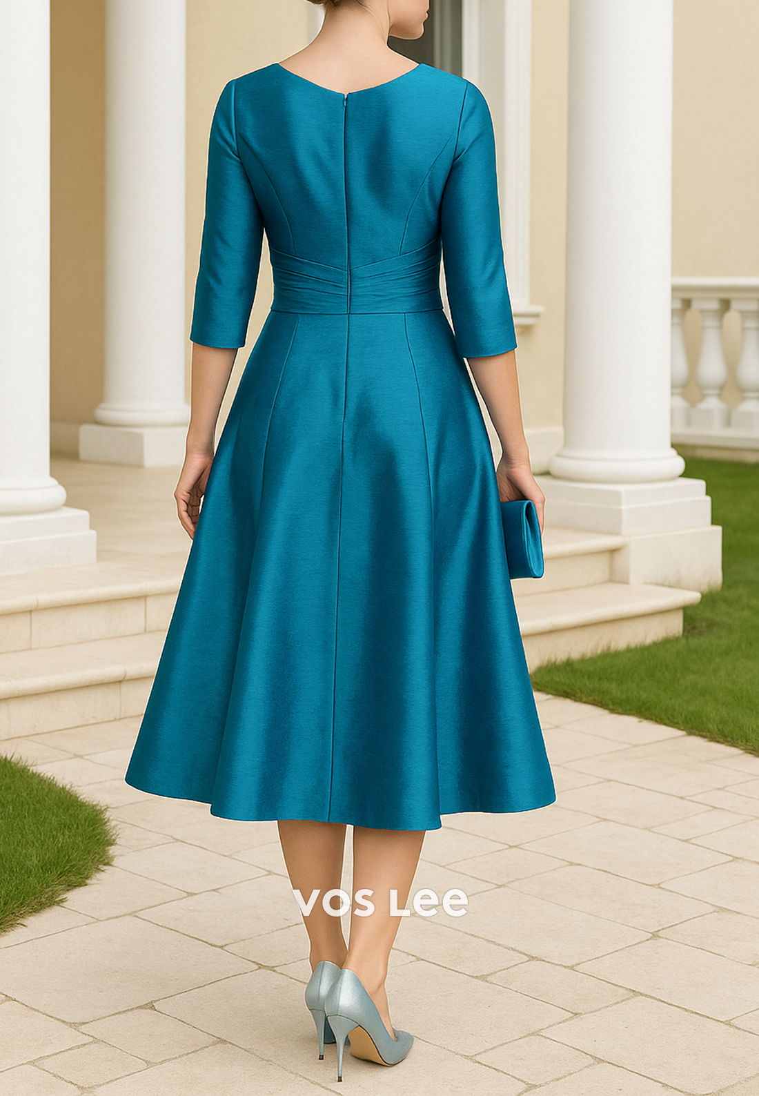 3/4 Sleeve V Neck Appliques Embellished Tea-Length Pleated Mother of Bride Dresses