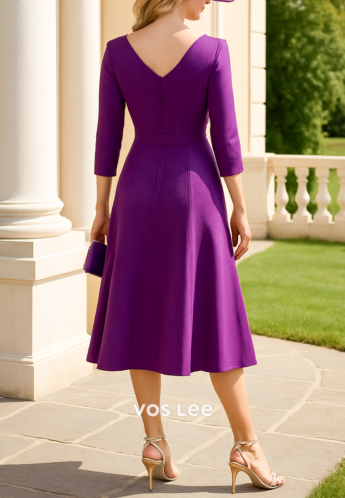 A-Line 3/4 Sleeve V Neck Appliques Ruched Long Mother of Bride Dresses