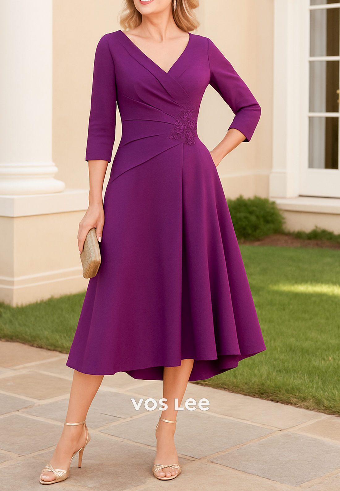 A-Line 3/4 Sleeve V Neck Appliques Ruched Long Mother of Bride Dresses