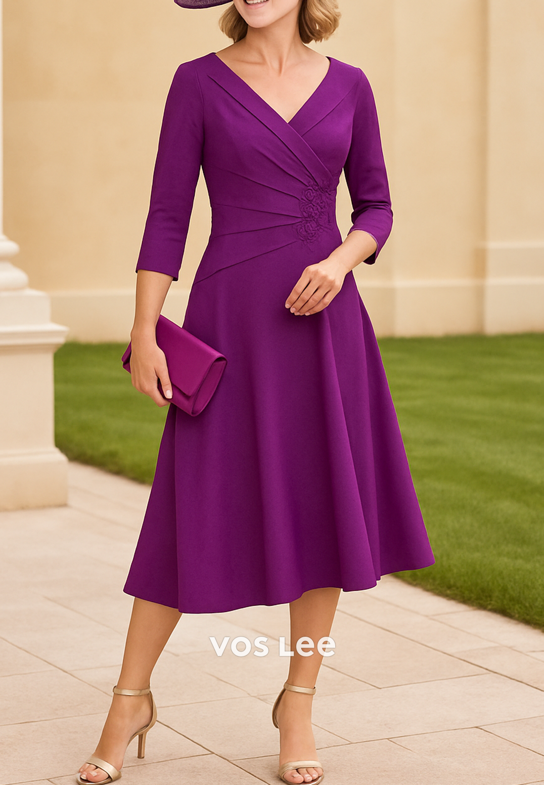 A-Line 3/4 Sleeve V Neck Appliques Ruched Long Mother of Bride Dresses