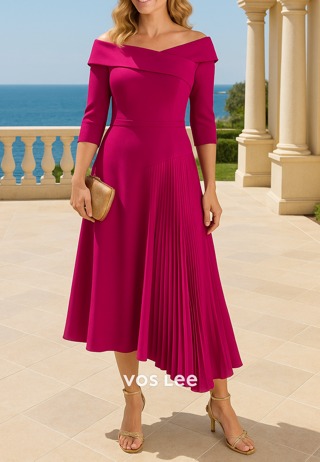 Simple & Casual A-Line 3/4 Sleeve Off the Shoulder Pleated Mother of Bride Dresses