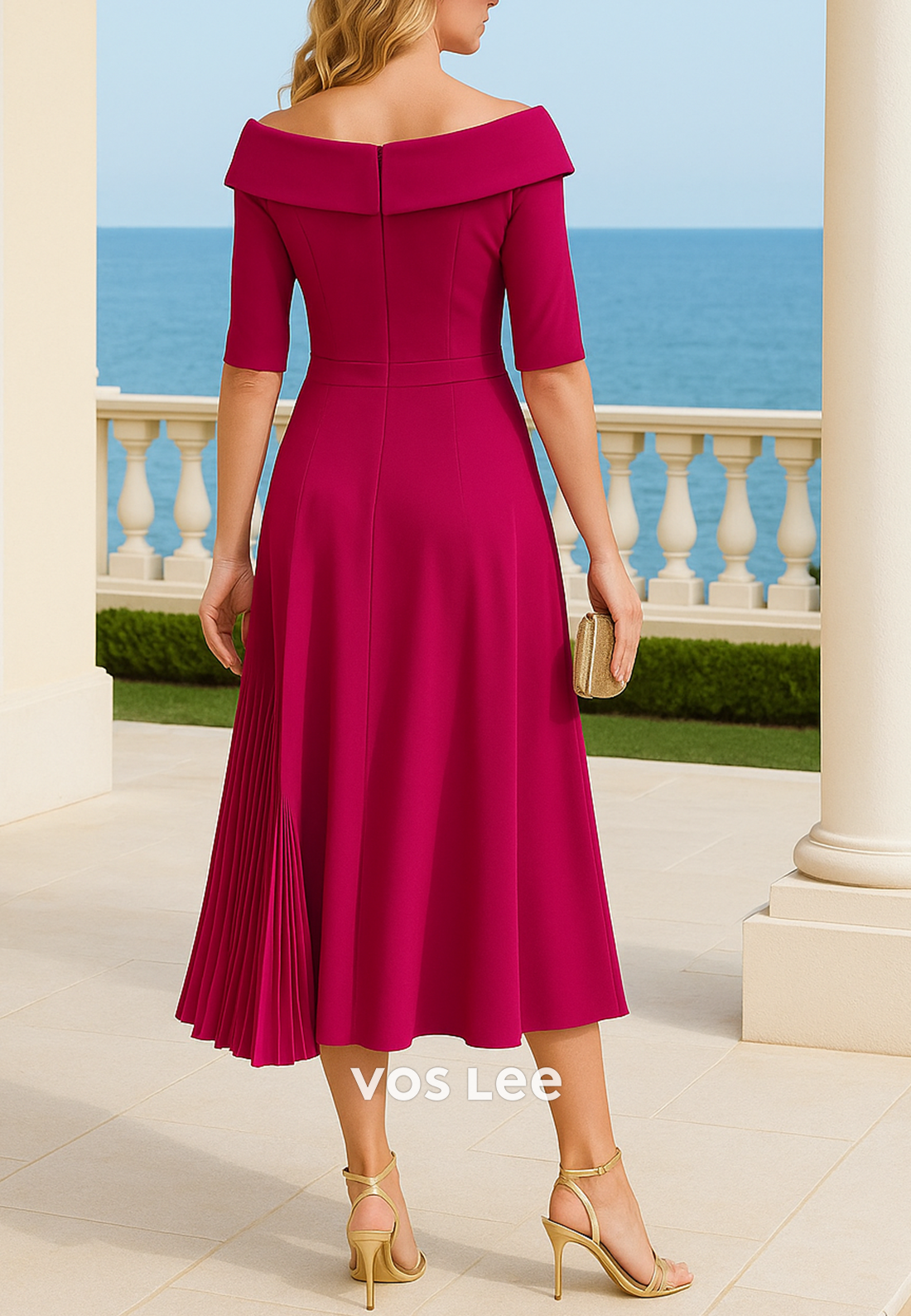 Simple & Casual A-Line 3/4 Sleeve Off the Shoulder Pleated Mother of Bride Dresses