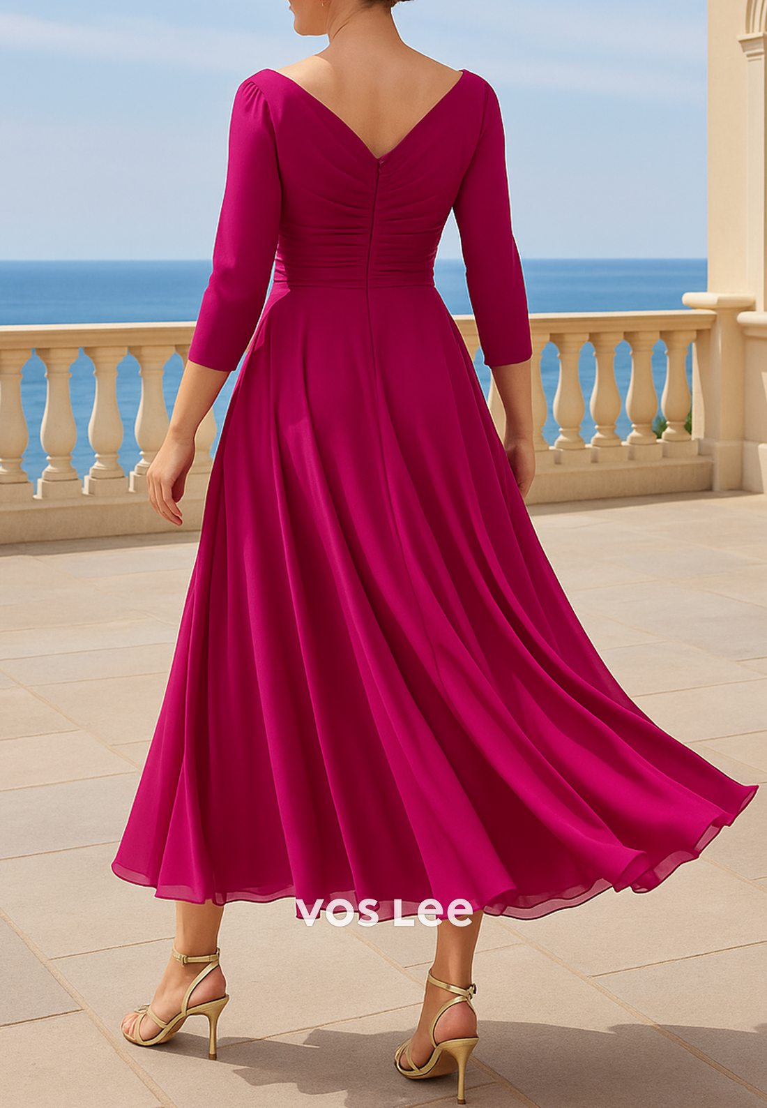 Couture & Ornate A-Line 3/4 Sleeve V Neck Tea-Length Pleated Mother of Bride Dresses