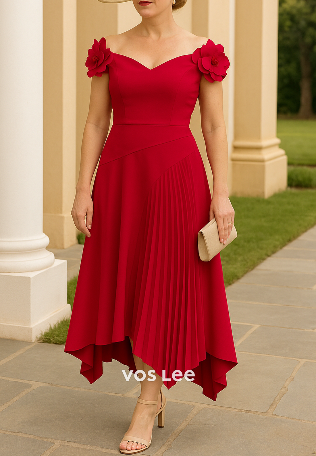 A-Line Off the Shoulder Flowers Embellished Tea-Length Pleated Mother of Bride Dresses