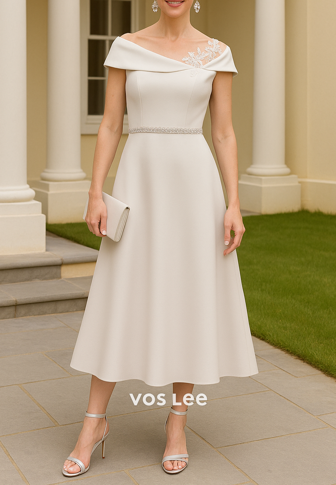 A-Line Asymmetrical Neck Appliques Rhinestone Tea-Length Mother of Bride Dresses