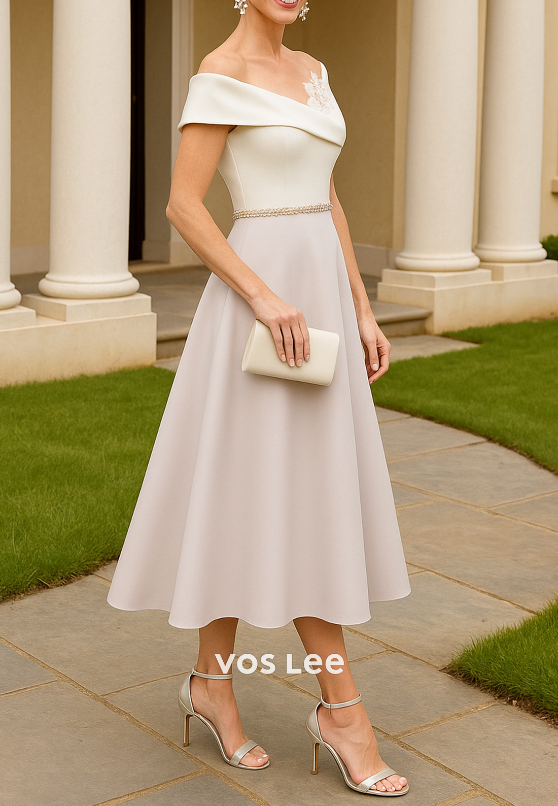 A-Line Asymmetrical Neck Appliques Rhinestone Tea-Length Mother of Bride Dresses
