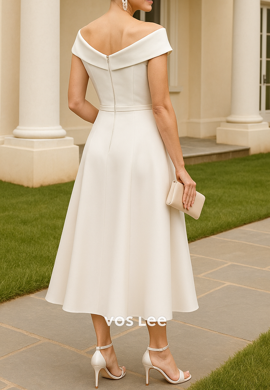 A-Line Asymmetrical Neck Appliques Rhinestone Tea-Length Mother of Bride Dresses