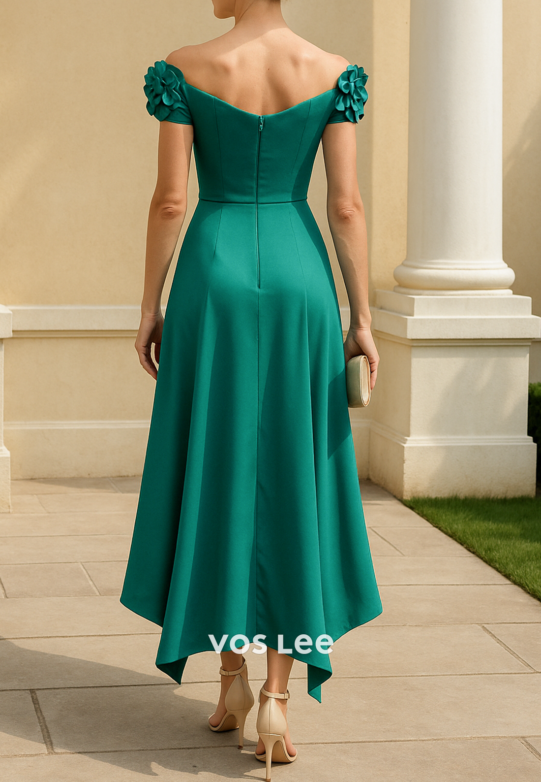 A-Line Off the Shoulder Pleated Floral Embellished Tea-Length Mother of Bride Dresses