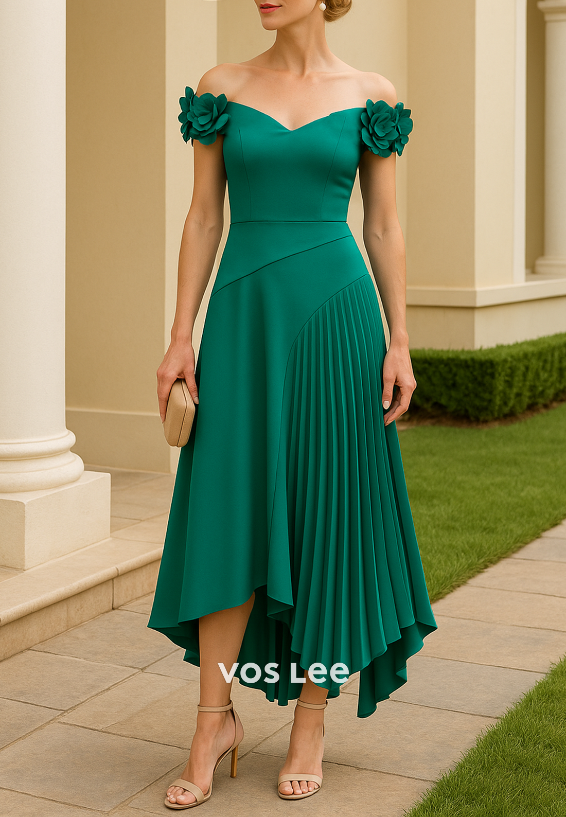 A-Line Off the Shoulder Pleated Floral Embellished Tea-Length Mother of Bride Dresses