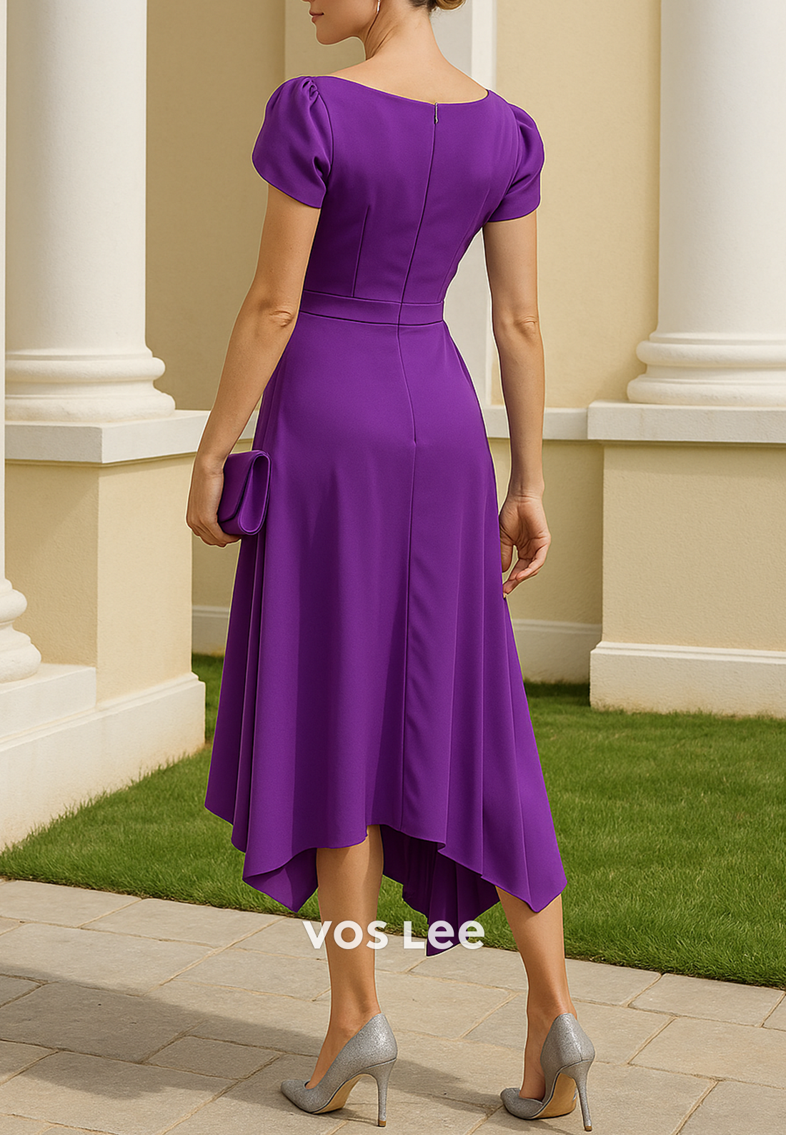 Short Sleeve Asymmetrical Neck Tea-Length Sheath Pleated Mother of Bride Dresses