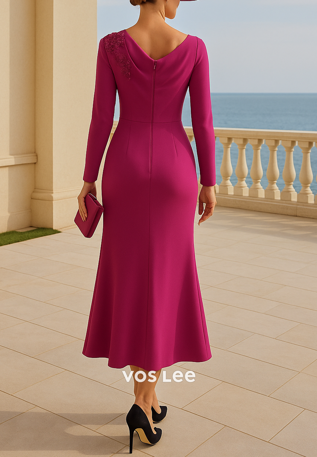Long Sleeve V Neck Appliques Beaded Ankle-Length Mermaid Mother of Bride Dresses