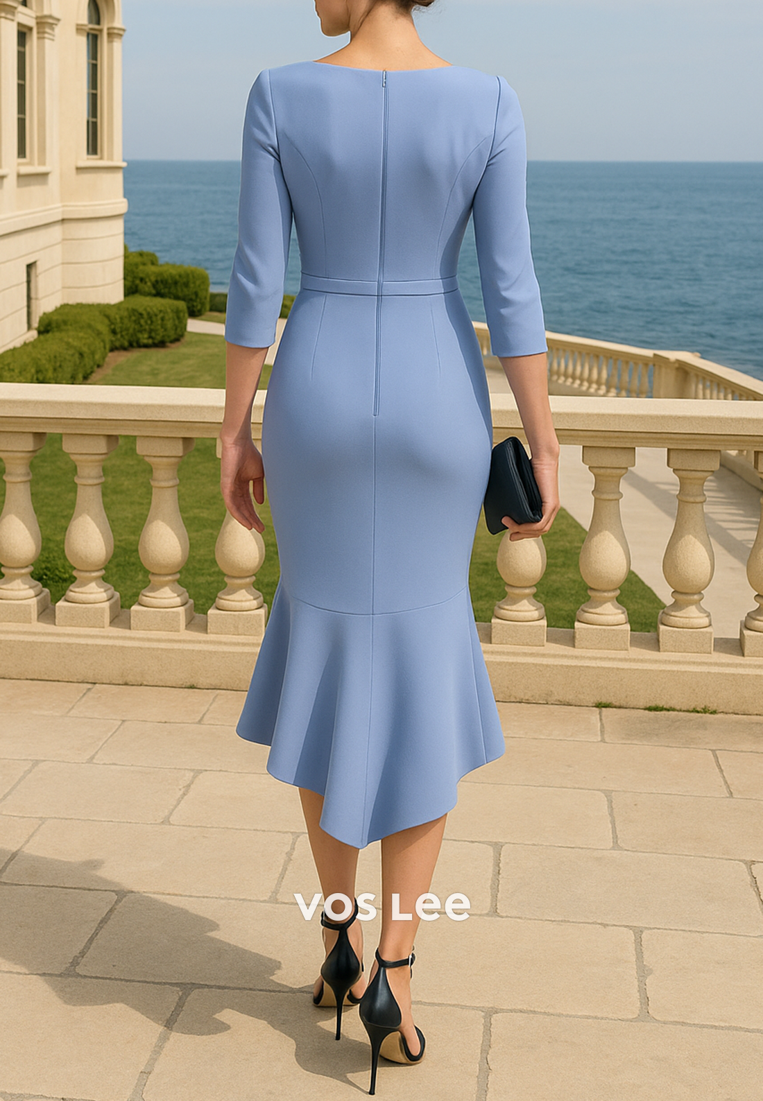 High Low 3/4 Sleeve Scoop Bowknot Tea-Length Mermaid Mother of Bride Dresses