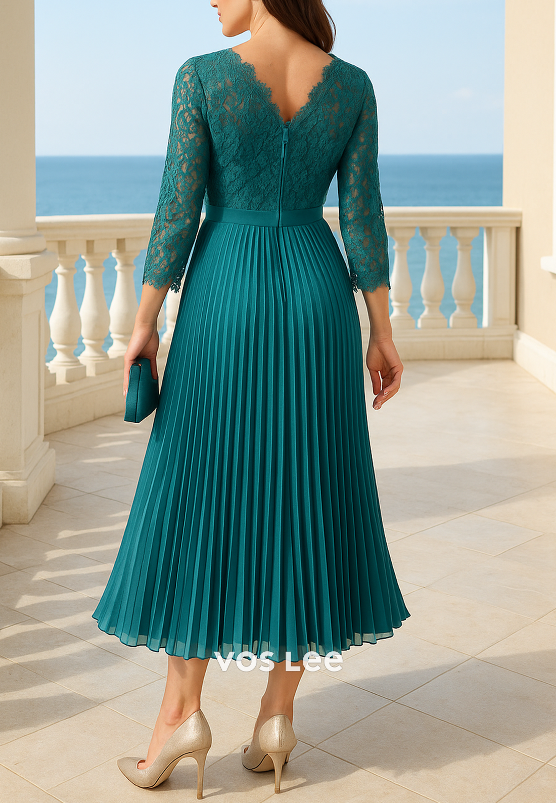 A-Line 3/4 Sleeve V Neck Appliques Lace Tea-Length Pleated Mother of Bride Dresses
