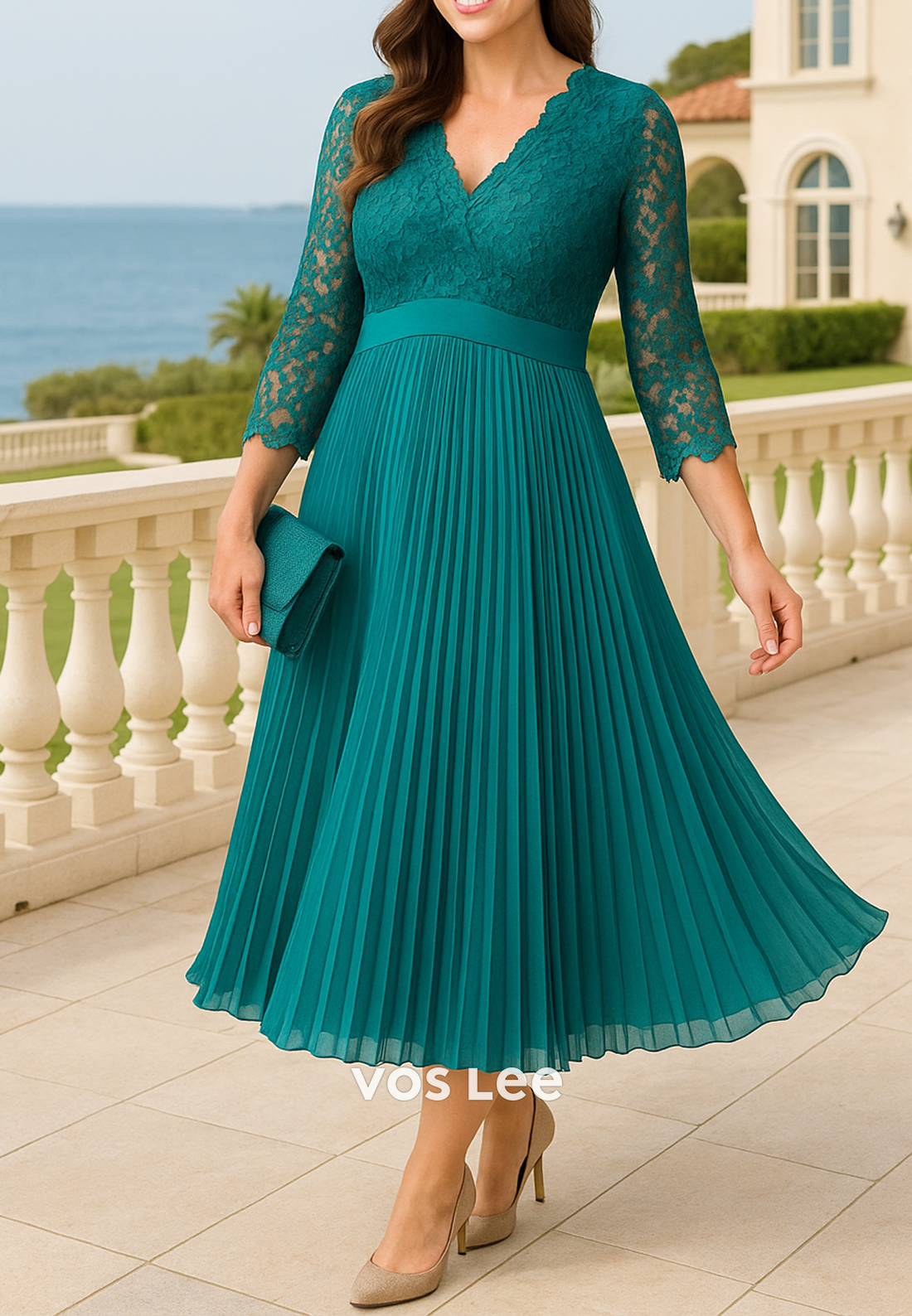 A-Line 3/4 Sleeve V Neck Appliques Lace Tea-Length Pleated Mother of Bride Dresses