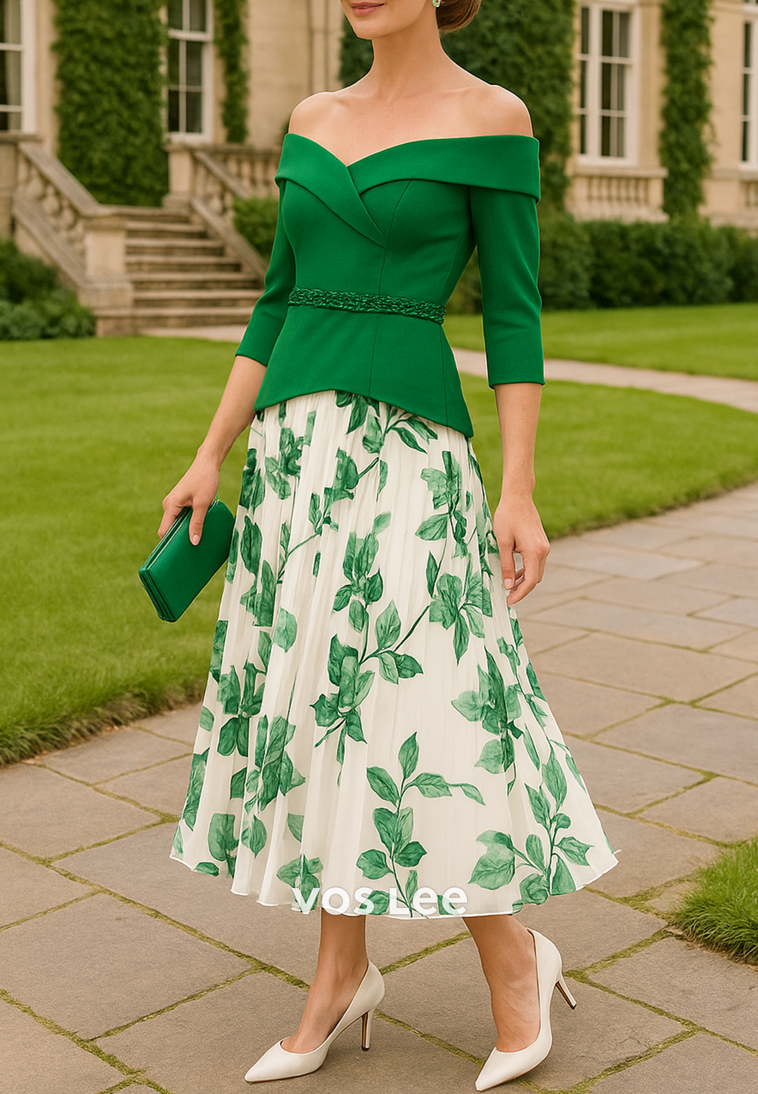 A-Line 3/4 Sleeves Off the Shoulder Tea-Length Pleated Mother of Bride Dresses