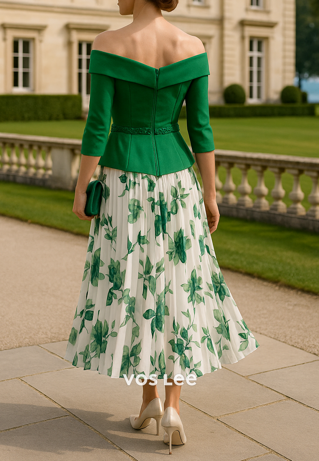 A-Line 3/4 Sleeves Off the Shoulder Tea-Length Pleated Mother of Bride Dresses