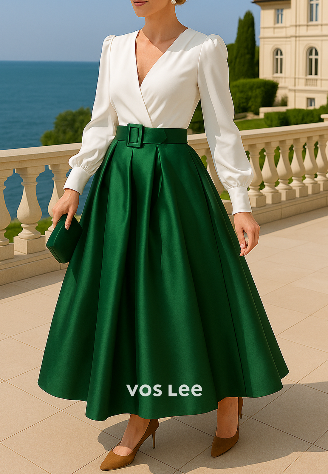 A-Line Long Sleeve V Neck Ankle-Length Pleated Mother of Bride Dresses