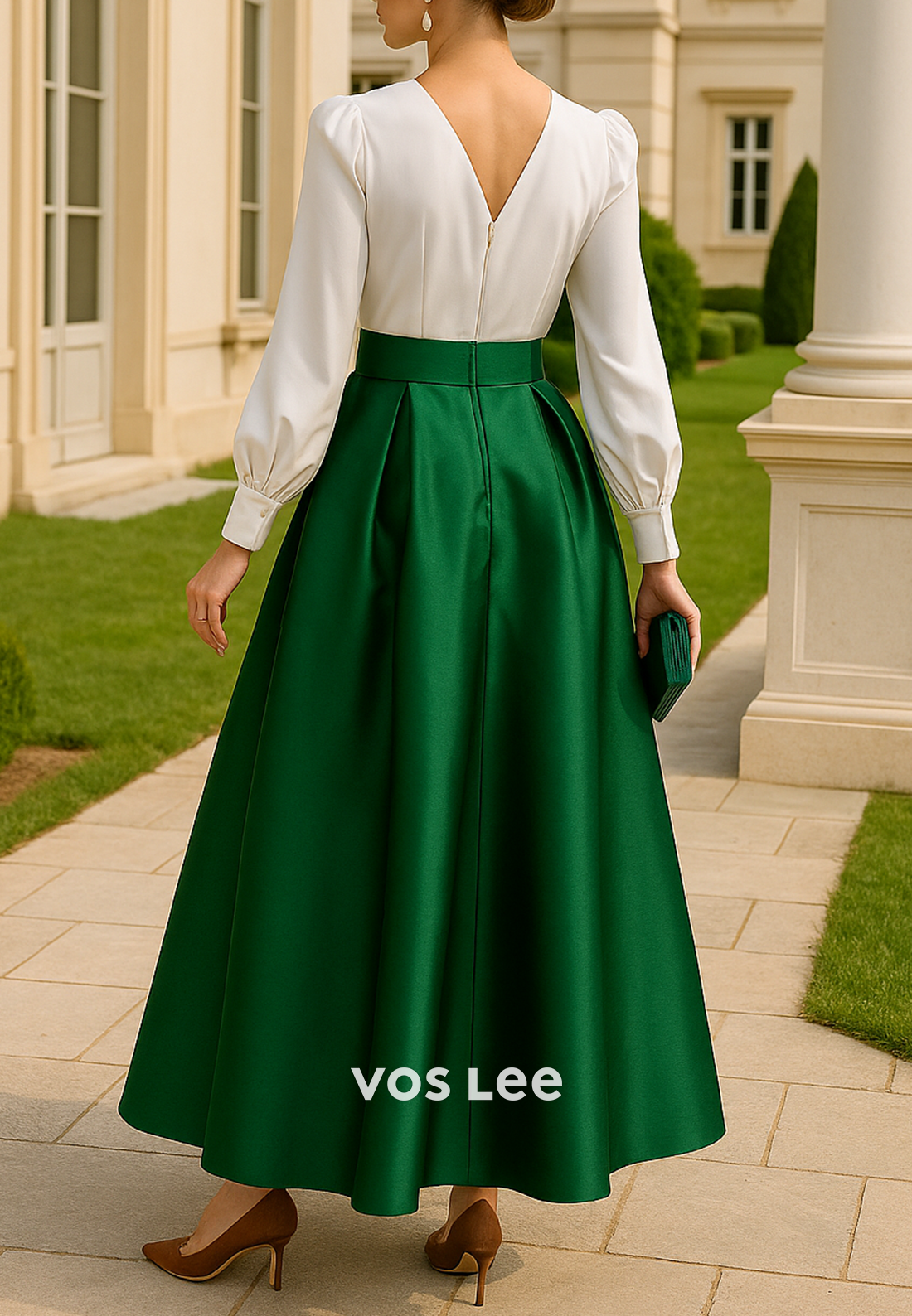 A-Line Long Sleeve V Neck Ankle-Length Pleated Mother of Bride Dresses