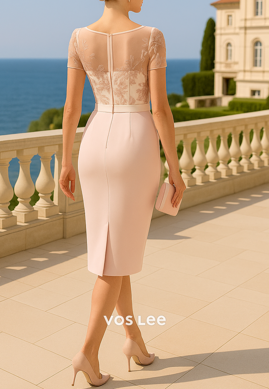 Short Sleeve Illusion Neck Appliques Knee-Length Mermaid Mother of Bride Dresses