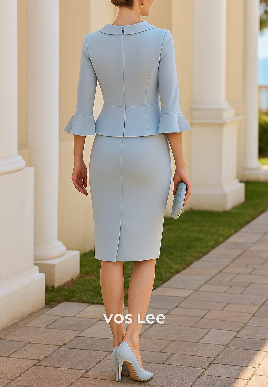 Bell Sleeves Illusion Neck Tea-Length Appliques Mermaid Mother of Bride Dresses