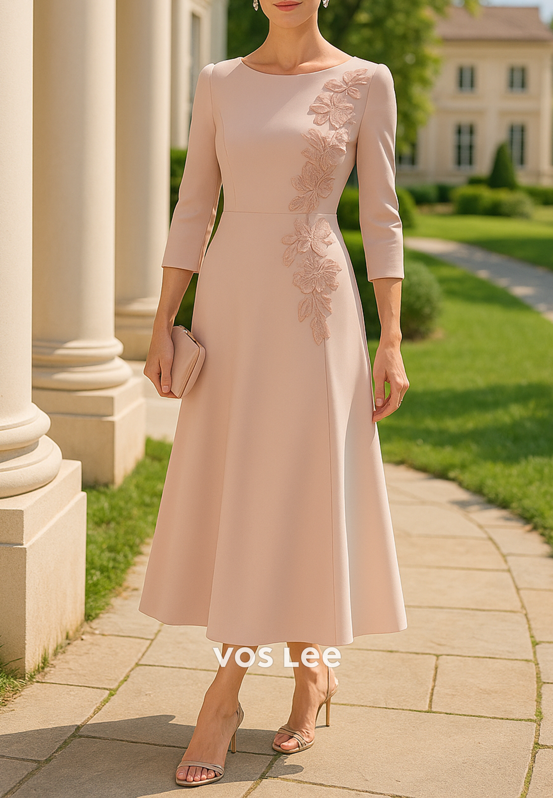 A-Line 3/4 Sleeve Scoop Floral Embellished Ankle-Length Mother of Bride Dresses