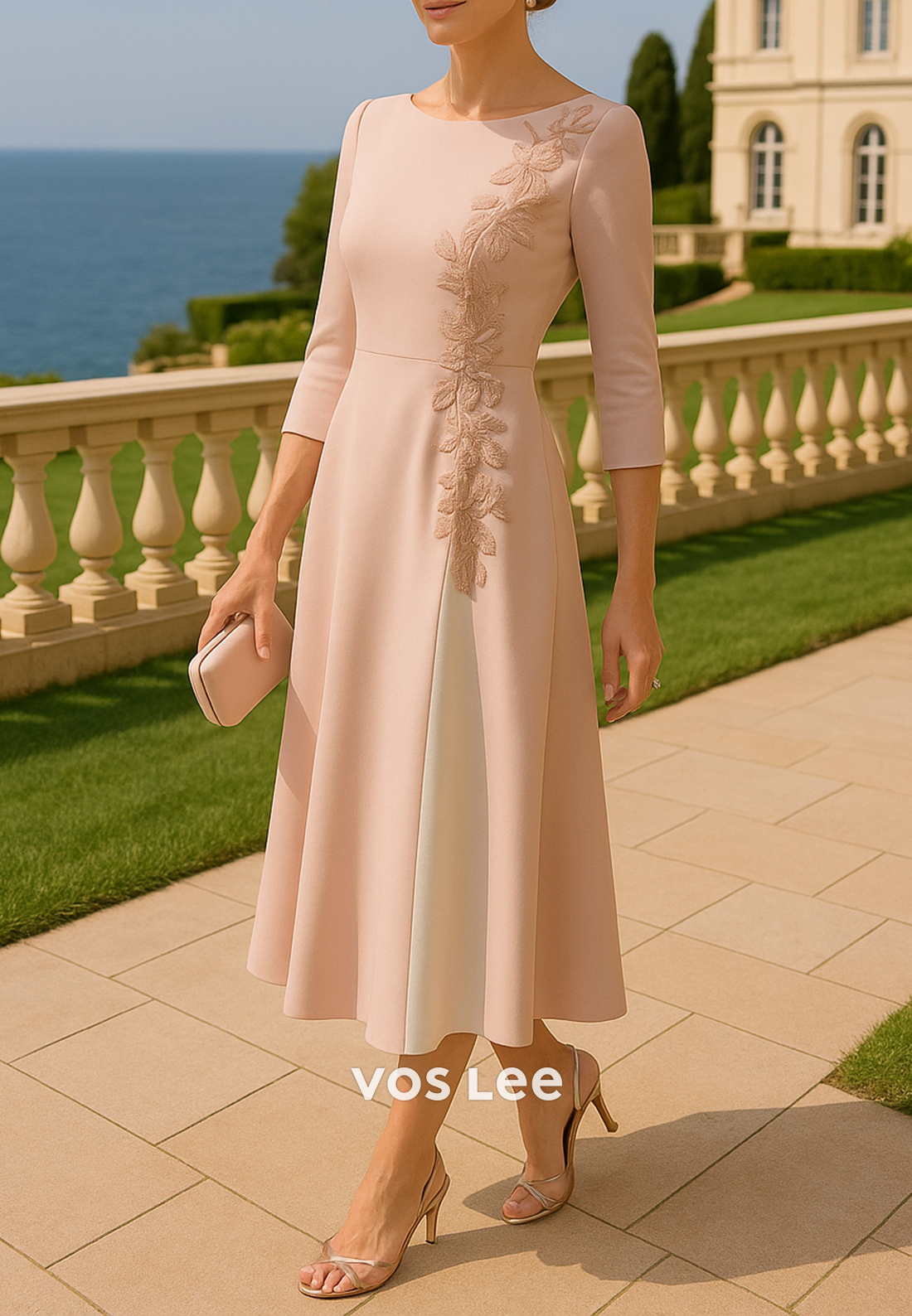 A-Line 3/4 Sleeve Scoop Floral Embellished Ankle-Length Mother of Bride Dresses