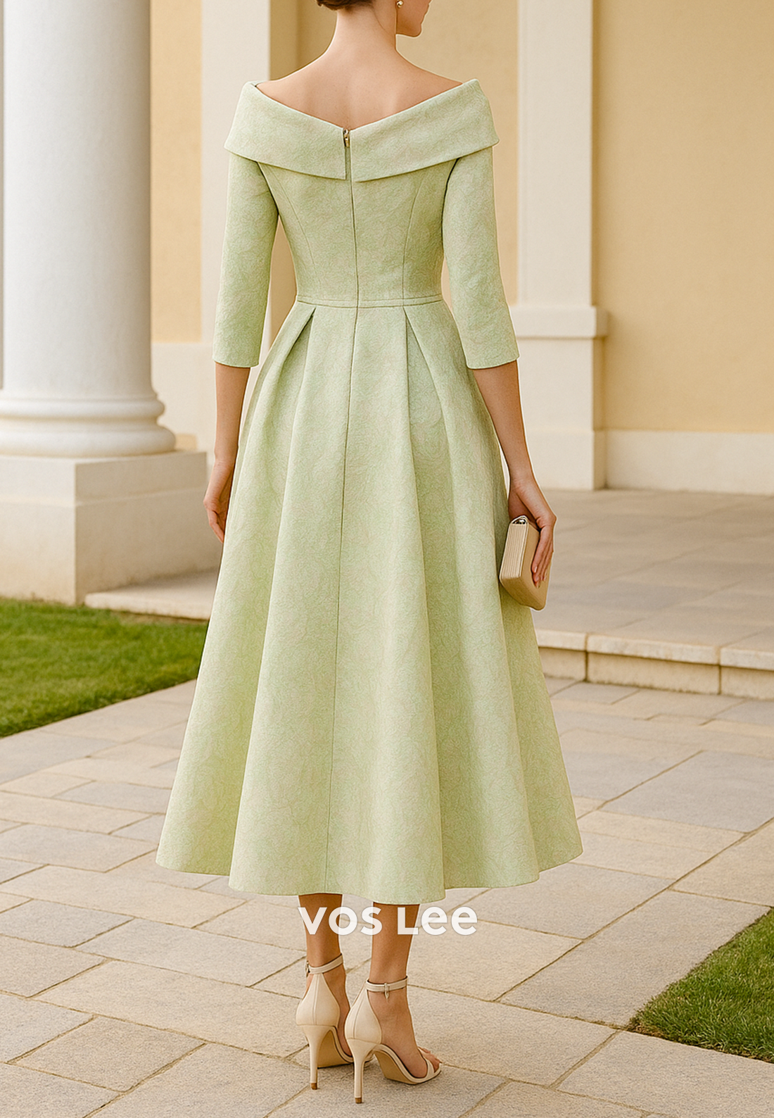 A-Line 3/4 Sleeve Off the Shoulder Bowknot Tea-Length Mother of Bride Dresses