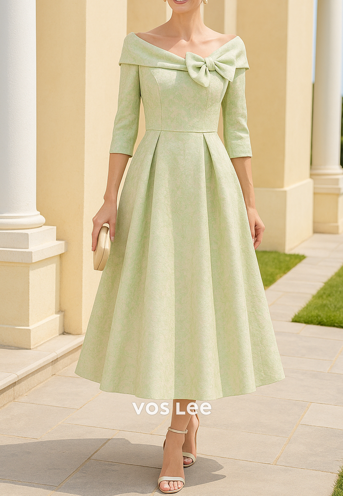 A-Line 3/4 Sleeve Off the Shoulder Bowknot Tea-Length Mother of Bride Dresses
