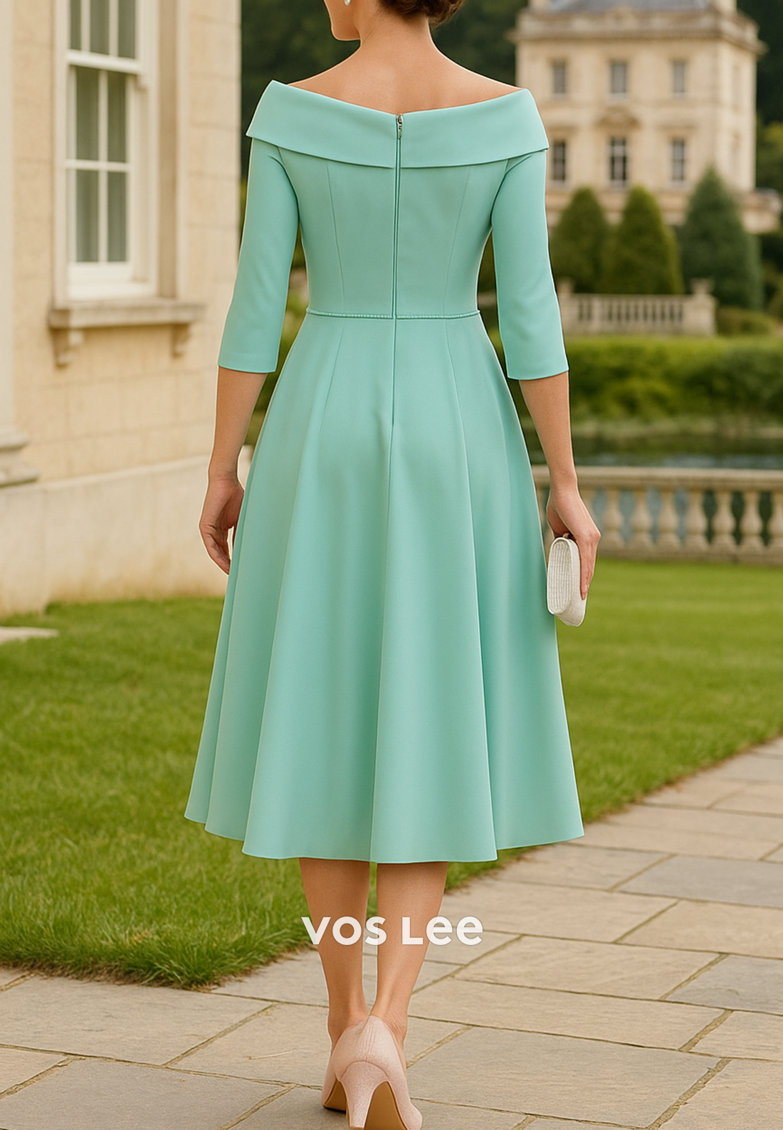 A-Line 3/4 Sleeve Off the Shoulder Flowers Pleated Mother of Bride Dresses