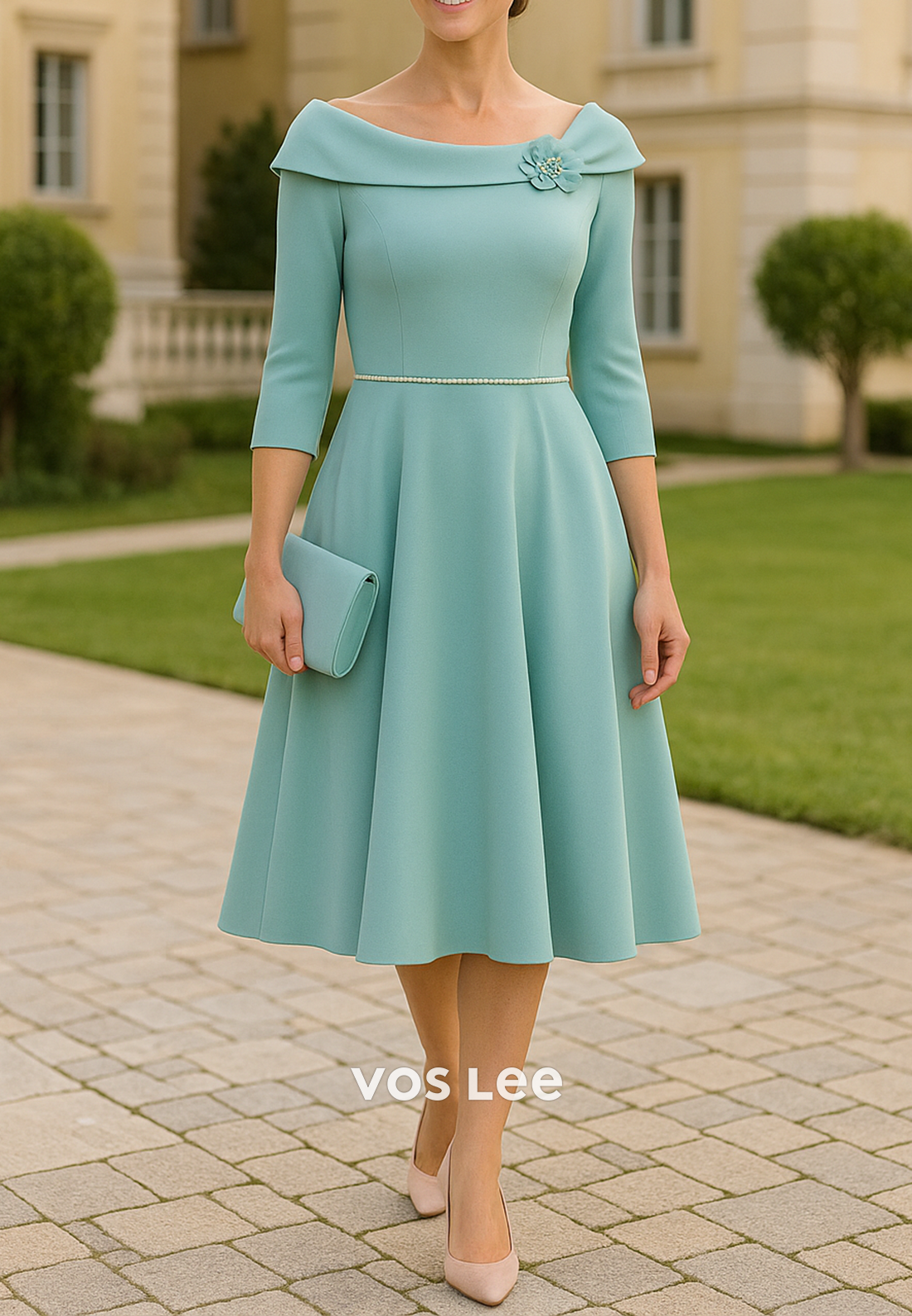 A-Line 3/4 Sleeve Off the Shoulder Flowers Pleated Mother of Bride Dresses