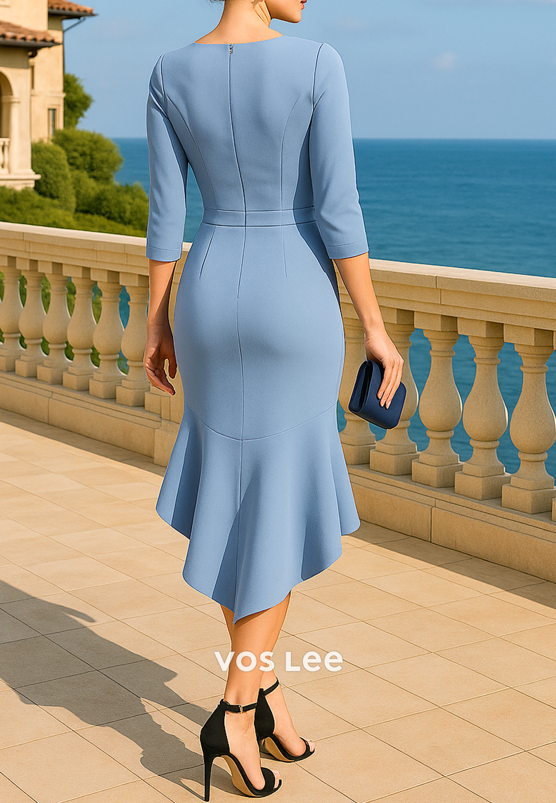 High Low 3/4 Sleeve Scoop Bowknot Tea-Length Mermaid Mother of Bride Dresses