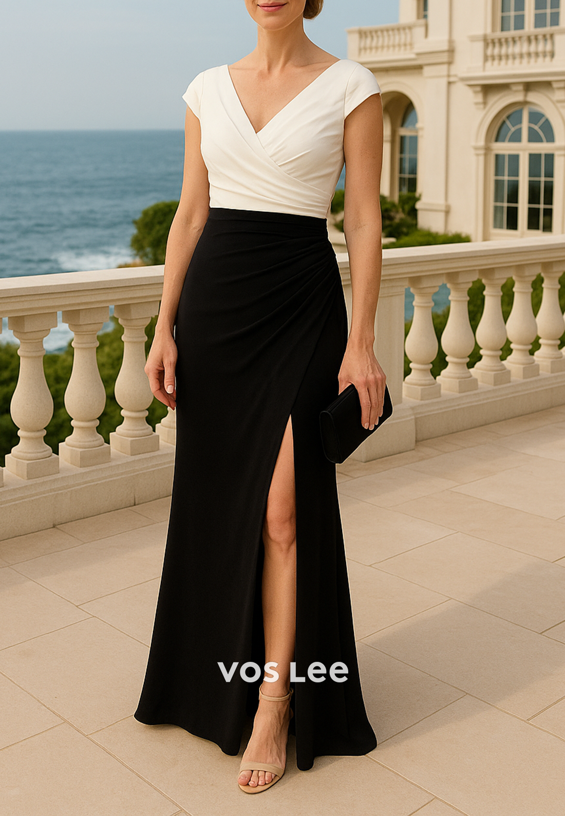Cap Sleeves V Neck Floor-Length Pleated Mermaid Mother of Bride Dresses with High Split