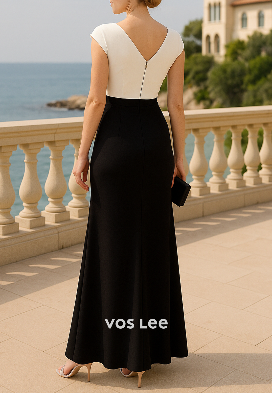 Cap Sleeves V Neck Floor-Length Pleated Mermaid Mother of Bride Dresses with High Split