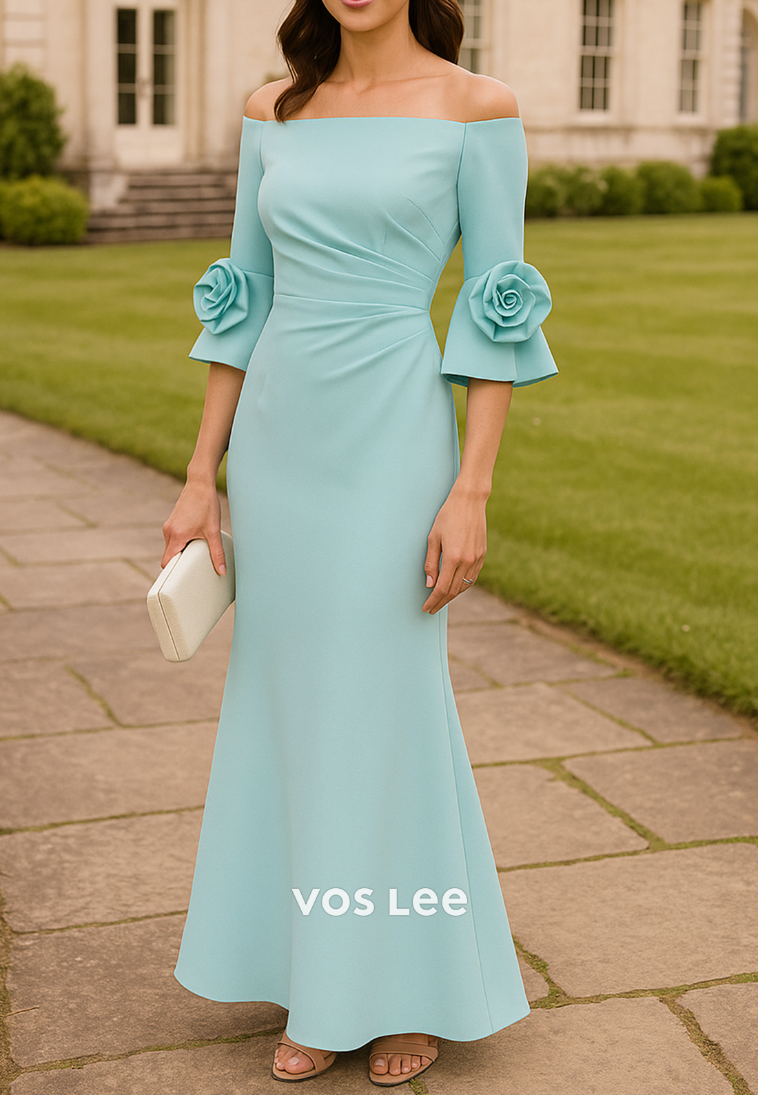 Bell Sleeves Off the Shoulder Flowers Embellished Mermaid Mother of Bride Dresses